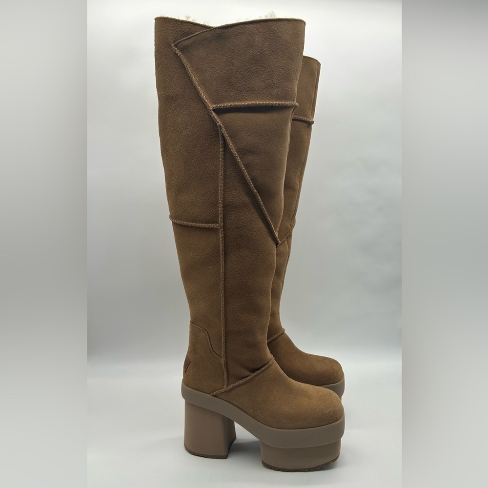 UGG Tall Suede Platform Shearling Lined Chunky Heel Boots Brown Size 8